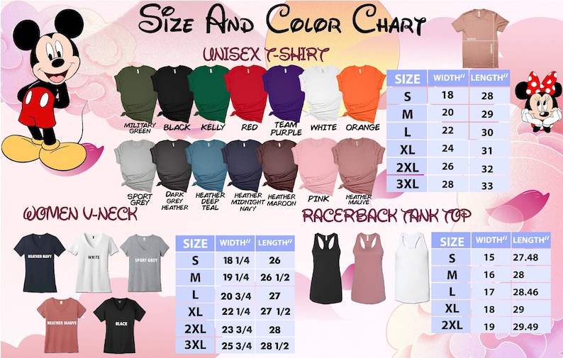 a women's size and color chart for mickey mouse