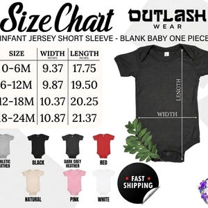 The image is a size chart for an infant jersey short sleeve, with various sizes listed and corresponding measurements provided.