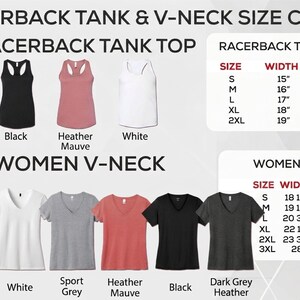The image is a size chart for a racetrack tank top and v-neck, featuring various styles in different colors and sizes.