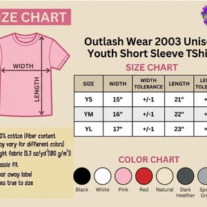 The image is a size chart for a 2003 youth short sleeve t-shirt, including a diagram of the t-shirt and a color chart with various color options.