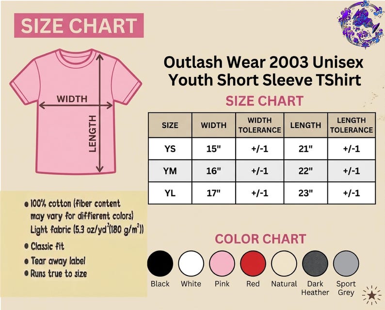 The image is a size chart for a 2003 youth short sleeve t-shirt, including a diagram of the t-shirt and a color chart with various color options.
