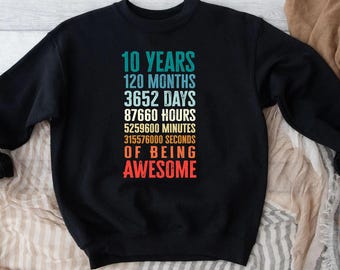 Camiseta "Diez años de ser increíble", camiseta unisex para el décimo cumpleaños, regalo personalizado