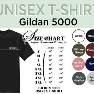 The image is a promotional graphic for a GILDA 5000 unisex t-shirt. It features a black t-shirt with size and color charts, along with a list of color options and corresponding sizes. The image also includes a graphic of a t-shirt and a small illustration of a t-shirt.