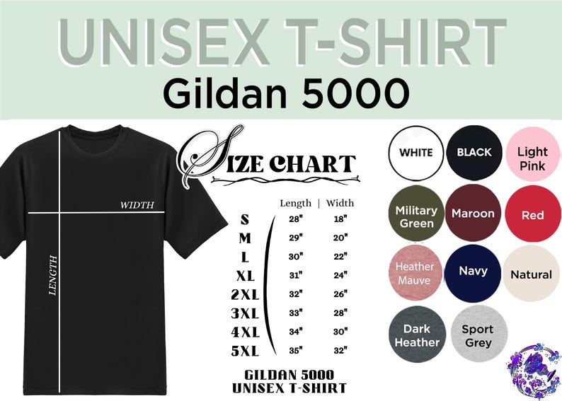 The image is a promotional graphic for a GILDA 5000 unisex t-shirt. It features a black t-shirt with size and color charts, along with a list of color options and corresponding sizes. The image also includes a graphic of a t-shirt and a small illustration of a t-shirt.