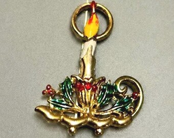 Vintage BJ Beatrix Christmas Candle Brooch, 1970s Enamel Rhinestone Holiday Pin