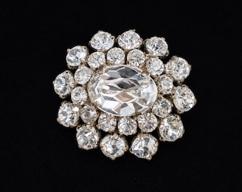 Elegant Rhinestone Brooch, 1950s Mid Century Halo Wedding Brooch Silver tone with glass rhinestones, minimalist elegance