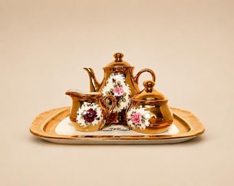 Miniature Tea Set with Tray, Vintage Pink Rose Porcelain, Gold Gilt, HK Bavaria Germany