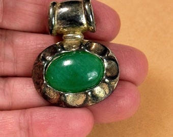 Vintage Faux Jade Pendant Silver Tone Artisan Style Cabochon Necklace Charm Boho Southwestern Jewelry