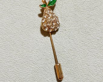 Sparkly Pear Stick Pin – Gold-Tone Green Enamel  and Rhinestones Holiday 80”s-90’s jewelry