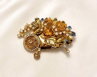 Flower Cart Brooch, Gold Silver Tone Rhinestone Garden Pin Signed Butler
