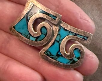 Vintage Mexican Sterling Silver Turquoise Inlay Earrings, Modernist 925 Artisan Stud Earrings, Sculptural Southwest Jewelry