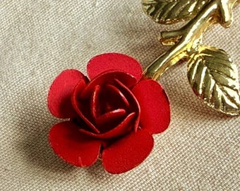 Vintage Red Rose Brooch, Gold Tone Stem Floral Lapel Pin (1970s)