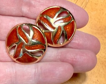 1960s Crown Trifari Orange Clip Earrings with Gold Tone Enamel - Vintage