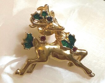 Vintage Avon Reindeer Lapel Pin – Gold-Tone with Holly Enamel