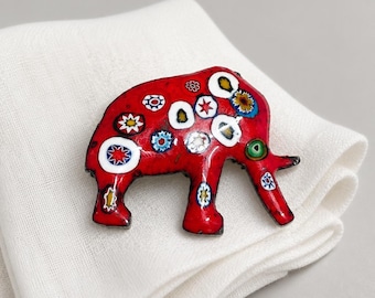 Vintage Red Elephant Brooch - Folk Art Animal Pin - Hand Painted Novelty Jewelry