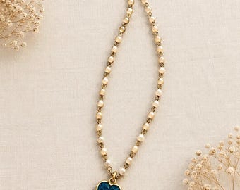 Mid-Century Opalescent Glass Rosary Style Necklace with Blue Heart – Circa 1950s