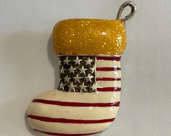 Patriotic Stocking Brooch – Red White and Blue by ROMAN USA 1990s
