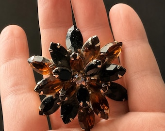 1960s Alice Caviness Smoky Topaz Rhinestone Brooch, Floral Designer Pin