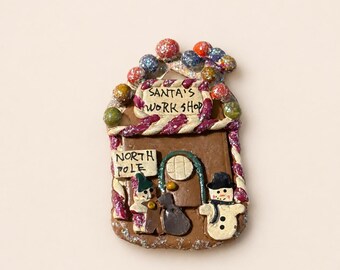Vintage Christmas Pin, Santa’s Workshop Gingerbread House Brooch – Hand-Painted Resin