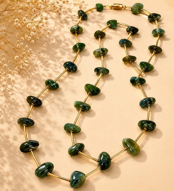 Vintage Les Bernard Green Glass Bead Necklace, 1970s Gold Bar Opera Chain
