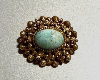 Jeanne Gold-Plated Brooch – Faux Turquoise Cabochon with Pearls & Rhinestones – Vintage 1960s Pin