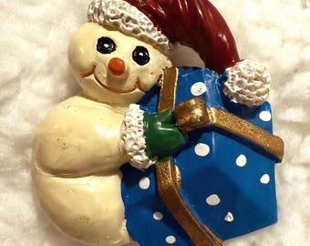 Vintage 1990s Snowman Brooch, Hand-Painted Resin Christmas Pin