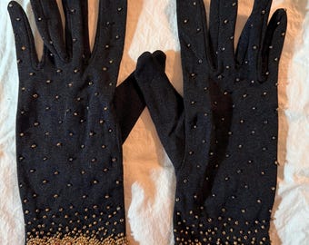 Vintage Black Beaded Evening Gloves with Gold Tone Cuffs, Mid-Century Glam