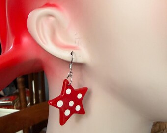 Vintage Red Polka Dot Star Dangle Earrings, Retro Statement Jewelry, 2 Inch Drop, Fun Graphic Fashion Earrings
