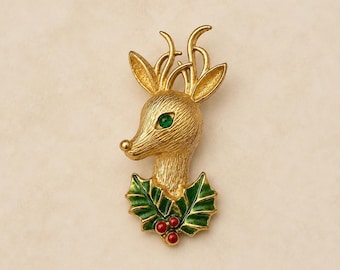 Vintage 1960s Gerry’s Reindeer Head Brooch – Gold-Tone Holiday Pin