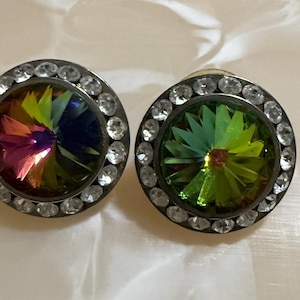 Vintage  Earrings – watermelon tourmaline - Bold Iridescent Studs with Clear Rhinestones – 1980s Statement Jewelry