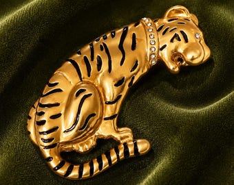 Vintage Gold Tone Tiger Brooch – Rhinestone Collar, Black Enamel Stripes, statement