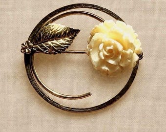 Rose Brooch, 12K Gold Filled Ivory Celluloid Floral Pin, Vintage Winard circa 1950s