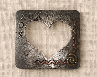 Sterling Silver Heart Brooch XOXO Cutout Vintage Square Pin Romantic Gift