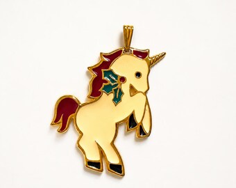 Vintage Wallace Silversmiths Unicorn Pendant, Enamel Christmas Jewelry, Gold Tone Holiday Ornament
