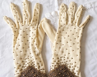 Vintage White Beaded Evening Gloves, 1950s Ivory Nylon Gold Bead Cuff,  Formal Mid Century