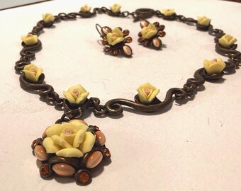 Vintage Rémy Dis Paris Porcelain Rose Necklace Earrings Set 1990s French Designer Jewelry