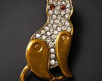 Vintage Monet Articulated Cat Brooch, Rhinestone Cat Pin with Amber Eyes, Signed Gold Tone Designer Jewelry
