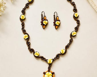 Porcelain Rose Jewelry Set –  Bronze Tone with Rhinestones and moonstones - vintage Remy Dis Paris designer