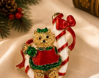 1980s Christmas Kitten Pin, Vintage AJC Cat Brooch, Red & Green Enamel