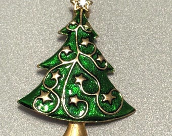 1980s Christmas Tree Brooch – Green Enamel, Gold Swirls & Rhinestone Star Topper