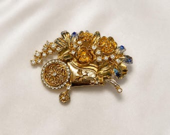 Vintage Flower Cart Rhinestone Brooch, Signed “Butler” Gold & Silver Tone Pin, Blue Crystal Garden Brooch, 1980s Statement Jewelry