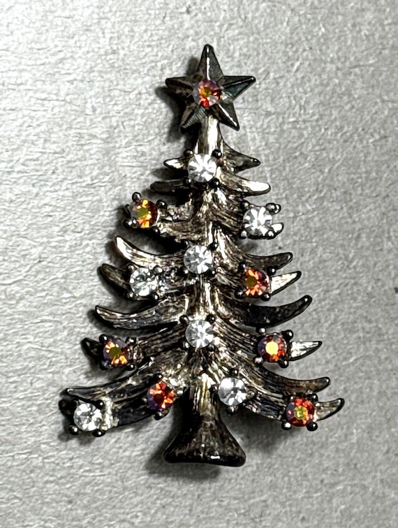 Eisenberg Ice 1970s Christmas Tree Brooch – Clear & Amber