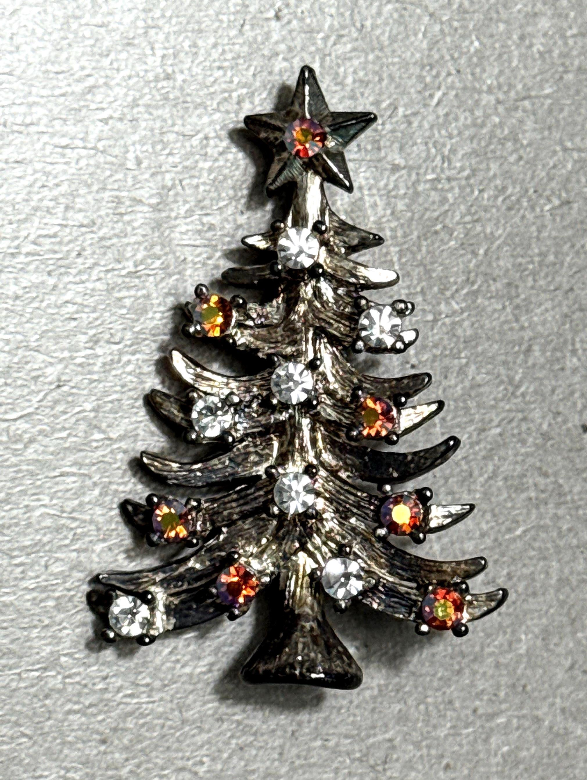 Eisenberg Ice 1970s Christmas Tree Brooch – Clear & Amber