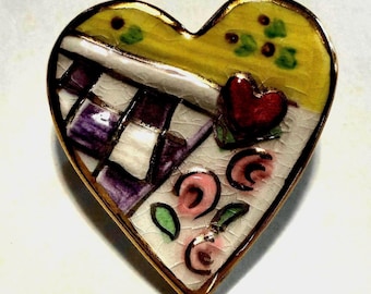 Vintage 1990s KB Designs Hand-Painted Ceramic Heart Brooch, Inspirational Art Pin