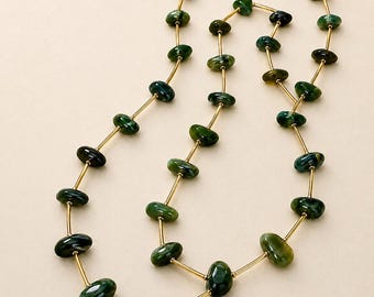 Green Glass Bead Necklace, 1970s VTG Les Bernard with Gold Tone Bar Opera Chain