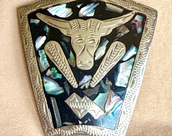 1970s Alpaca Silver Belt Buckle with an Abalone Longhorn - original designer Southwest Ranchwear