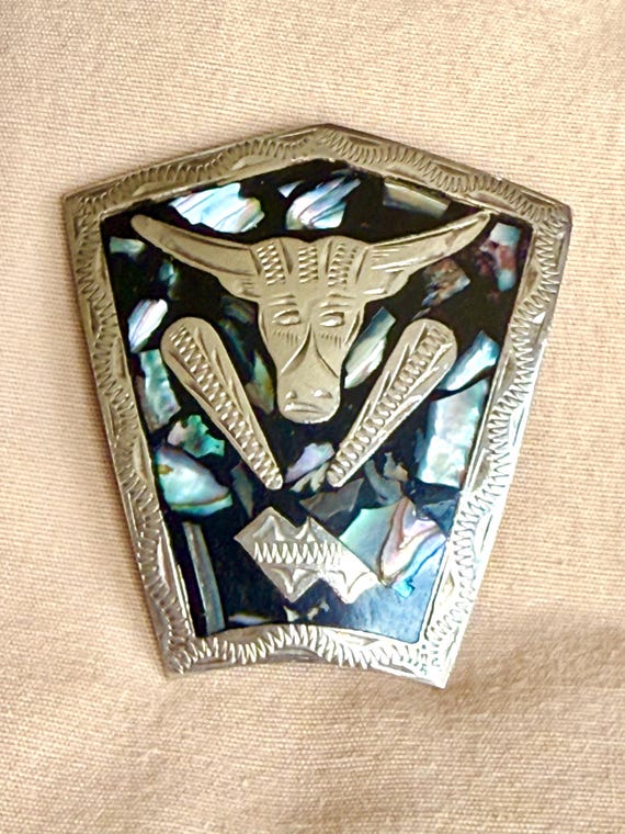 Vintage Mexican Alpaca Silver Belt Buckle Abalone Longhorn  display picture 3