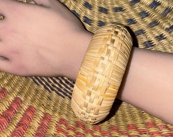 Vintage Woven Rattan Bangle Bracelet, Wide Natural Basket Weave Cuff