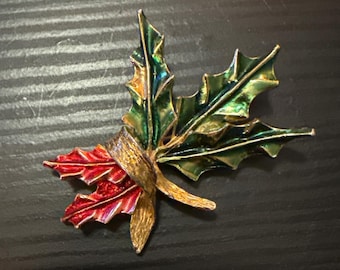 1970s Enamel Holly Leaf Brooch – Red & Green Holiday Pin