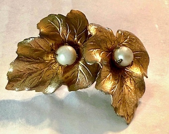 Vintage Sarah Coventry Gold Tone Leaf Clip-On Earrings, 1960s Faux Pearl Clip Earrings
